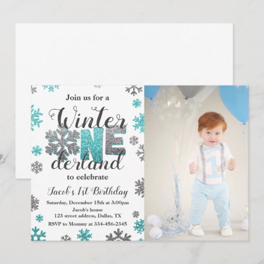 Boy Winter ONE derland Anniversaire Invitation Pho (Devant / Derrière)