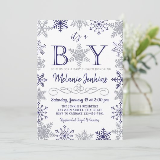 Boy Winter Snowflake Baby shower Uitnodiging (Staand voorkant)