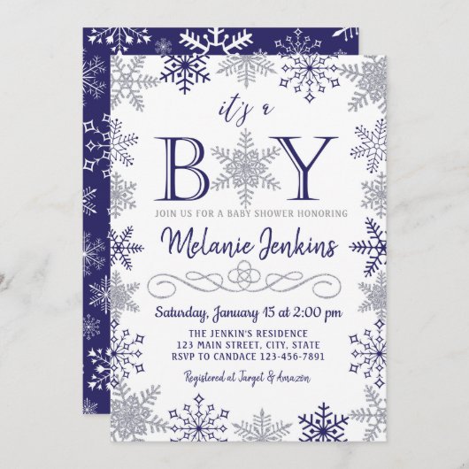 Boy Winter Snowflake Baby shower Uitnodiging (Voorkant / Achterkant)
