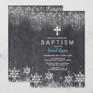 Boy Winter String Lights Snowflakes Chalk Baptism Kaart