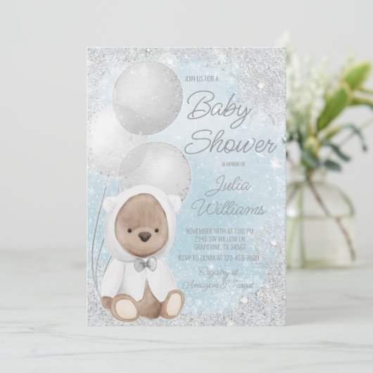 Boy Winter Wonderland Teddy Bear Baby shower Kaart (Staand voorkant)