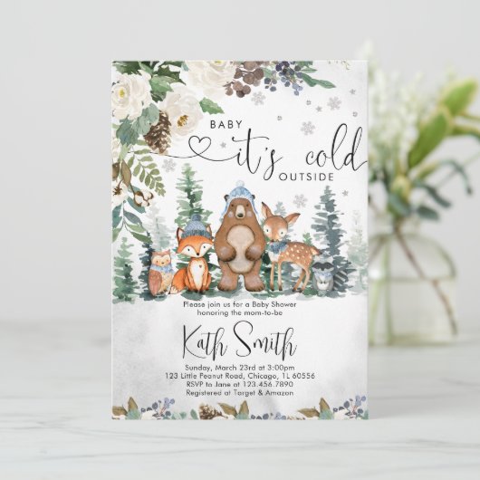 Boy Winter Woodland Baby shower Invitation Kaart (Staand voorkant)