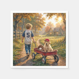 Boy with Red Wagon and Golden Retriever Puppy Servet
