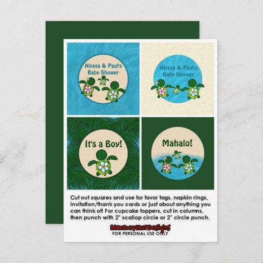 BOY Zee SCHILDPAD Baby shower Honu Cupcake Topper  Uitnodiging Briefkaart (Voorkant / Achterkant)