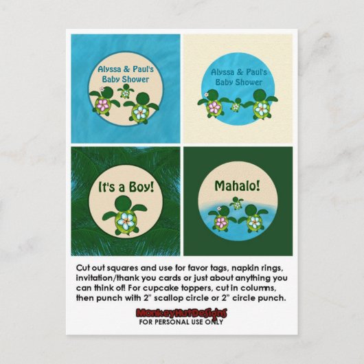 BOY Zee SCHILDPAD Baby shower Honu Cupcake Topper  Uitnodiging Briefkaart (Voorkant)