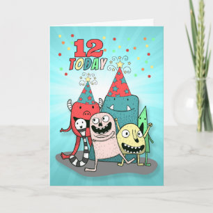 Boys 12th Birthday Red and Blue Cartoon Monsters Feestdagen Kaart