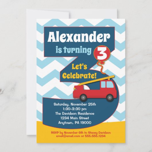 Boys 3rd Birthday Invitation Fire Truck Kaart (Voorkant)