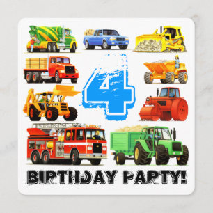 Boys 4th Birthday Construction Truck Party Kaart