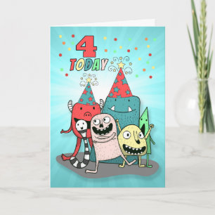 Boys 4th Birthday Red en Blue Cartoon Monsters Feestdagen Kaart