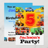 Boys 5th Birthday Construction Trucks Party Kaart (Voorkant / Achterkant)