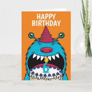 Boys 6th Birthday Blue Monster Cute Kaart