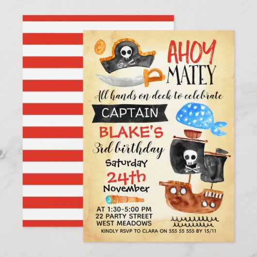 Boys Ahoy Ahoy Pirate Anniversaire Invitation (Devant / Derrière)