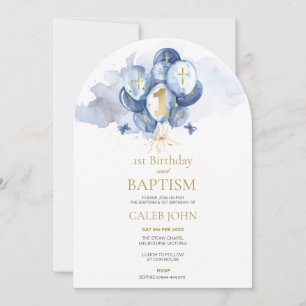 Boys Baptême Bleu & 1er Anniversaire Invitation Ar