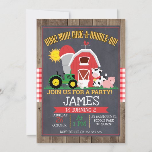 Boys Barnyard Chalkboard Invitation d'anniversaire (Devant)