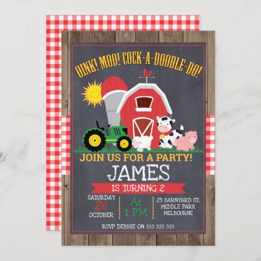 Boys Barnyard Chalkboard Invitation d'anniversaire (Devant / Derrière)