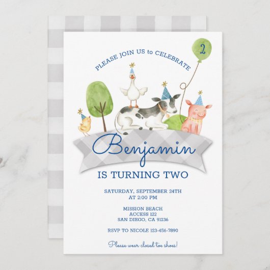 Boys Barnyard Premier Invitation d'anniversaire (Devant / Derrière)