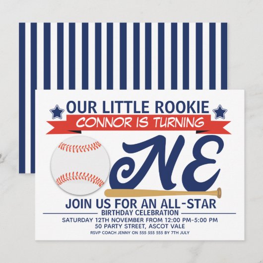 Boy's Baseball 1st Birthday Party Invitation Kaart (Voorkant / Achterkant)