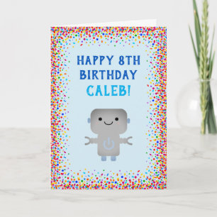 Boys Birthday Cute Blue Robot Colorful Confetti Kaart