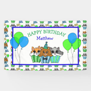 Boy's Birthday Fox, wasbeer en Beer Cupcakes Spandoek