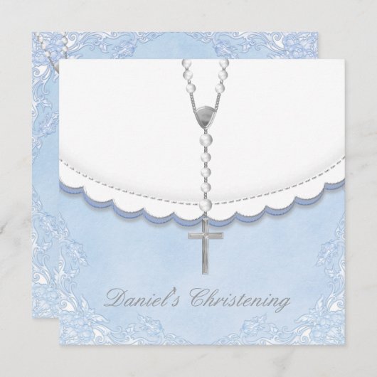 Boys Bleu et gris Christening Invitations (Devant / Derrière)