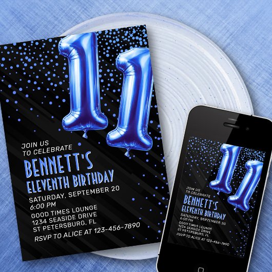 Boys Blue 11th Birthday Invitation