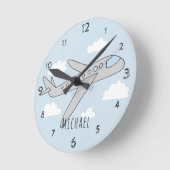 Boys Blue Airplane Travel Design met naam Ronde Klok (Hoek)