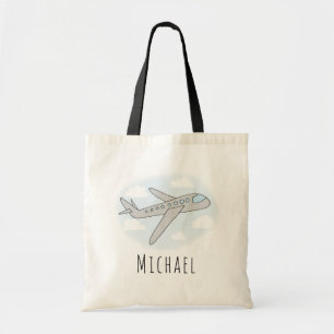 Boys Blue Airplane Travel Design met naam Tote Bag