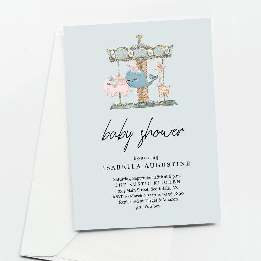 Boys Blue Carousel Baby shower Invitation