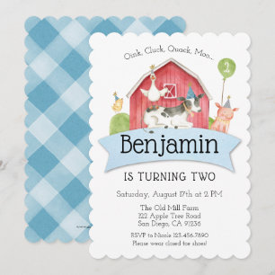 Boys Blue Check Boerderij Birthday Party Invitatio Kaart