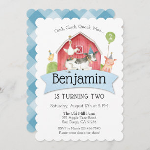 Boys Blue Check Farm Anniversaire Fête Invitation
