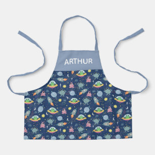 Boys Blue Cute Space Alien Pattern en Name Schort