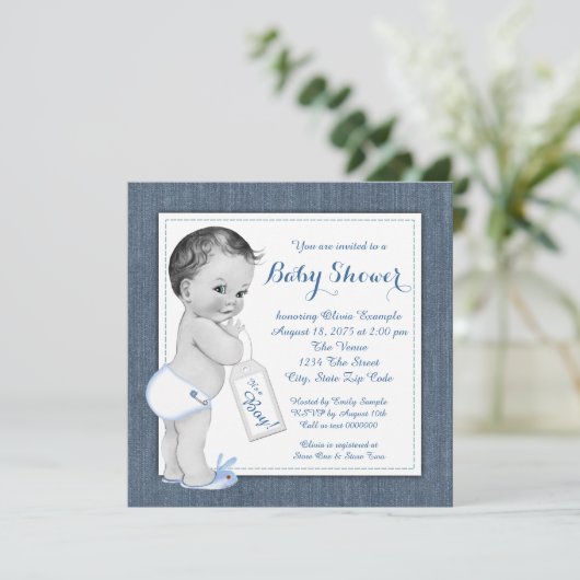Boys Blue Denim Baby shower Kaart (Staand voorkant)