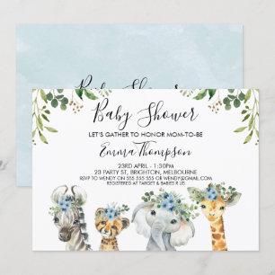 Boys Blue Floral Safari Animals Baby shower Kaart