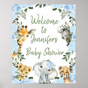 Boys Blue Floral Safari Baby shower Welkom Poster