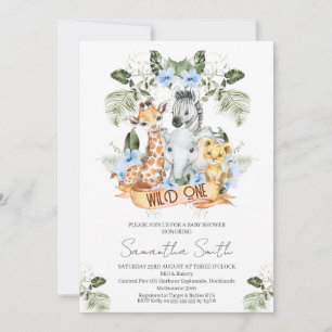 Boys Blue Floral Safari Wild One Baby shower Kaart