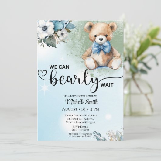 Boys Blue Floral Teddy Bear Baby shower Kaart (Staand voorkant)