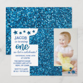 Boys Blue Glitter foto eerste verjaardag Kaart (Voorkant / Achterkant)