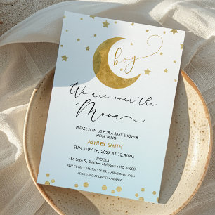 Boys Blue Gold We Are Over The Moon Baby shower Kaart
