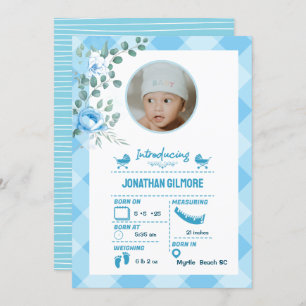 Boys Blue Photo Birth Stats Faire-part