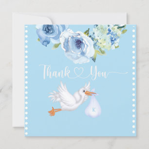 Boys Blue Stork Monogram Floral Baby shower Bedankkaart