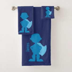 Boys Blue Superheld Silhouette - Aangepast Kind Bad Handdoek