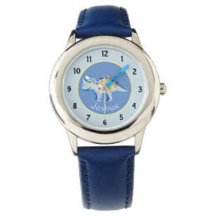 Boys Blue Waterverf Dinosaur en Name Kinder Horloge