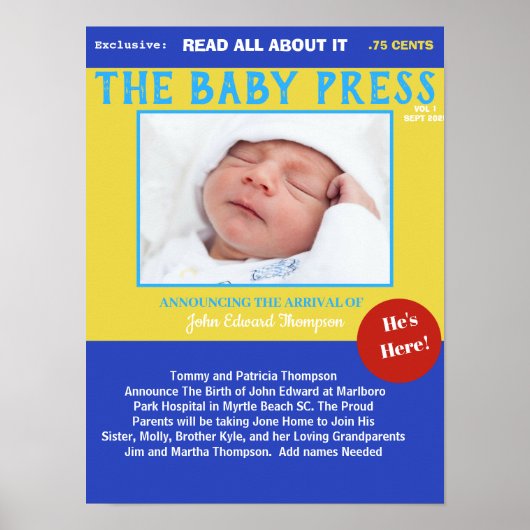 Boys Blue Yellow Keepsaké Photo Poster de naissanc (Devant)