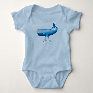 Boy's Blue Zee Waterverf Whale Beach met naam Romper