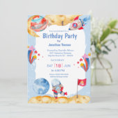 Boys Buitenruimte Astronaut Blue Red Invitation Kaart (Staand voorkant)
