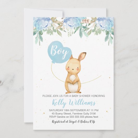Boys Bunny Baby shower invitation (Devant)