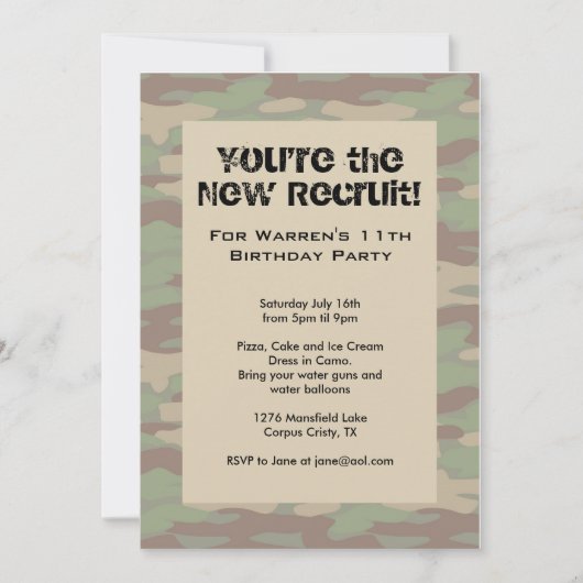 Boys Camo Army Invitations (Devant)