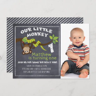 Boys Chalkboard Monkey 1st Birthday Uitnodiging