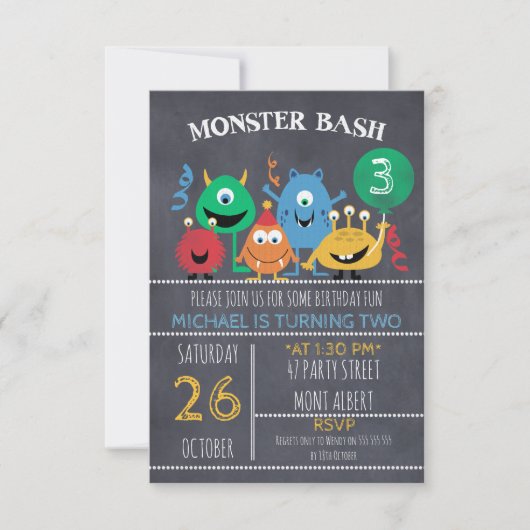 Boys Chalkboard Monster Bash Invitation d'annivers (Devant)