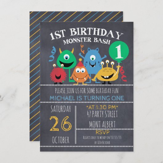Boys Chalkboard Monsters 1e verjaardag Uitnodiging (Voorkant / Achterkant)